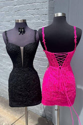 Black Lace Tight Homecoming Dress Spaghetti Straps Applique - MyChicDress